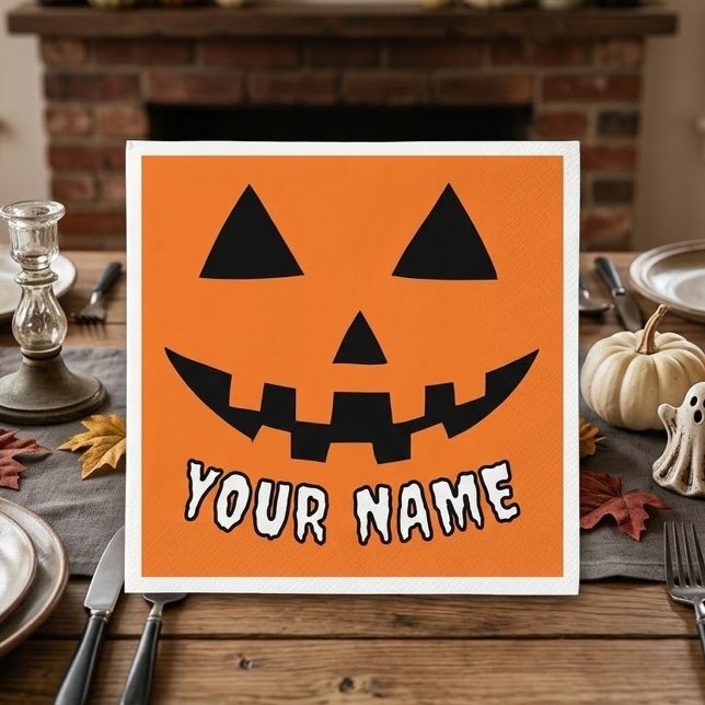 Personalised Orange Pumpkin Halloween Your Name Napkin (Creator Uploaded)