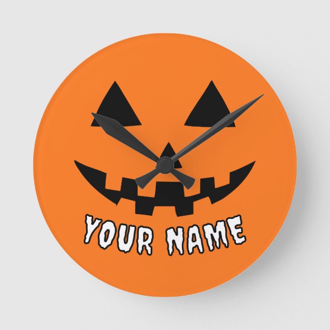 Personalised Orange Pumpkin Halloween Your Name Round Clock (Front)
