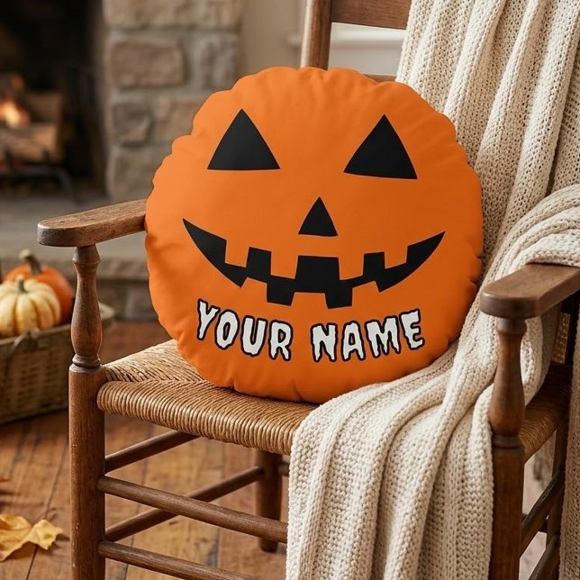 Personalised Orange Pumpkin Halloween Your Name Round Cushion (Creator Uploaded)