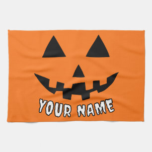 Personalised Orange Pumpkin Halloween Your Name Tea Towel