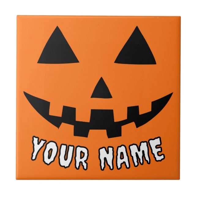 Personalised Orange Pumpkin Halloween Your Name Tile (Front)