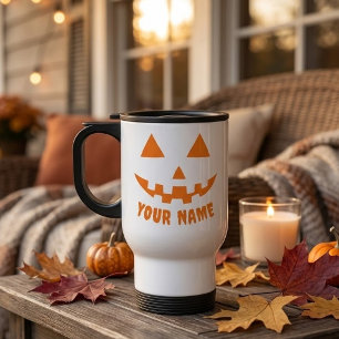 Personalised Orange Pumpkin Halloween Your Name Travel Mug