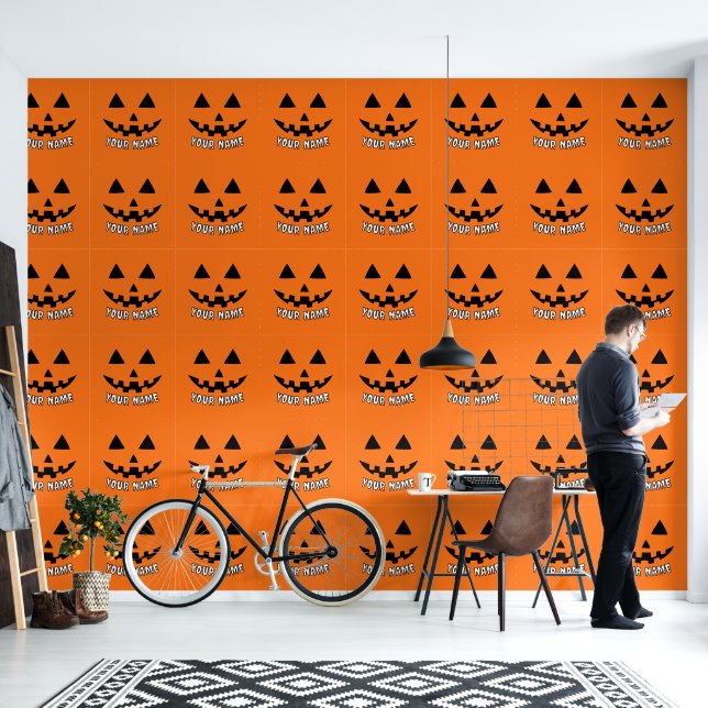 Personalised Orange Pumpkin Halloween Your Name Wallpaper (Living Room)
