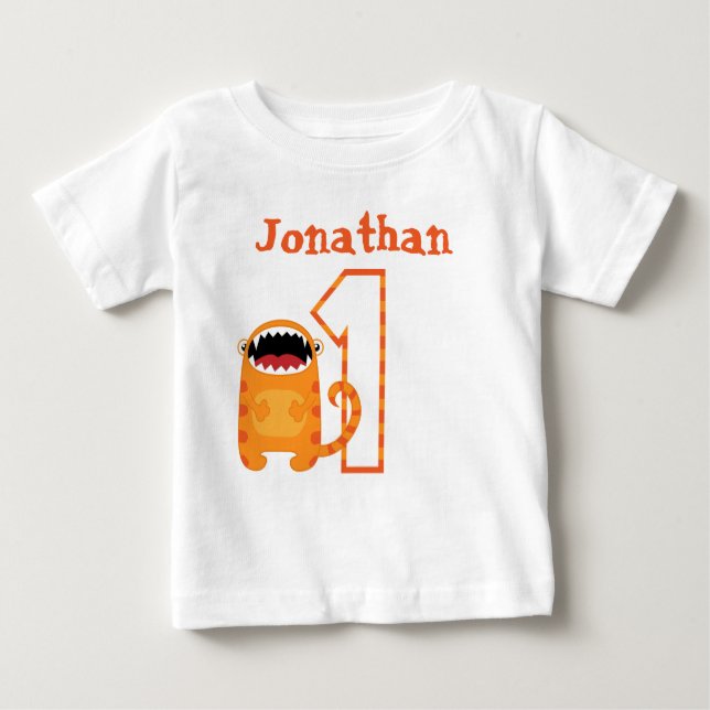 Personalised Orange Red Monster First Birthday Baby T-Shirt (Front)