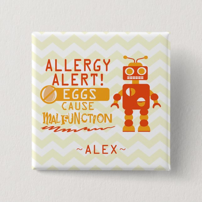 Personalised Orange Robot Egg Allergy Alert 15 Cm Square Badge (Front)