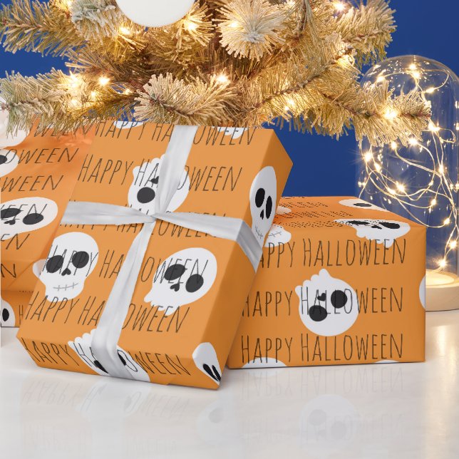 Personalised Orange Skull Halloween Wrapping Paper (Holidays)