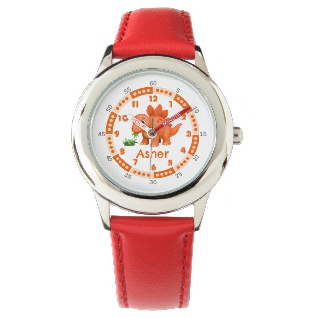 Personalised Orange Stegosaurus Time-Telling Dino Watch (Front)