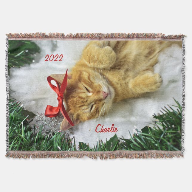 Personalised Orange Tabby Cat Christmas Throw Blanket (Front)