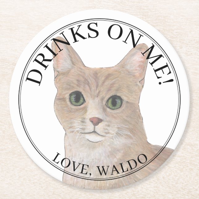 Personalised Orange Tabby Cat Wedding Round Paper Coaster (Front)
