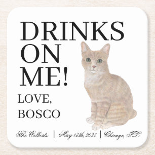 Personalised Orange Tabby Cat Wedding Square Paper Coaster