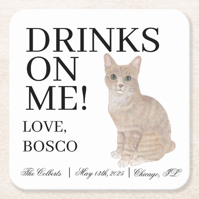 Personalised Orange Tabby Cat Wedding Square Paper Coaster (Front)