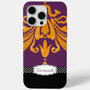 Personalised Orange Tangerine Eggplant Damask iPhone 15 Pro Max Case