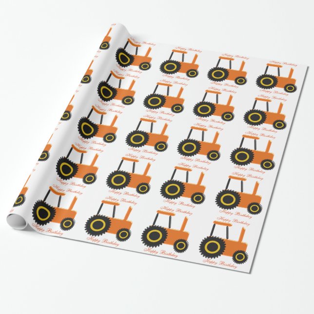 Personalised Orange Tractor Birthday Wrapping Paper (Unrolled)
