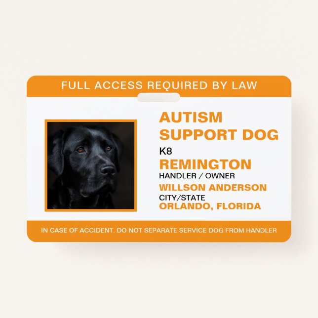 Personalised orange White Service Dog Photo ID ID Badge (Front)
