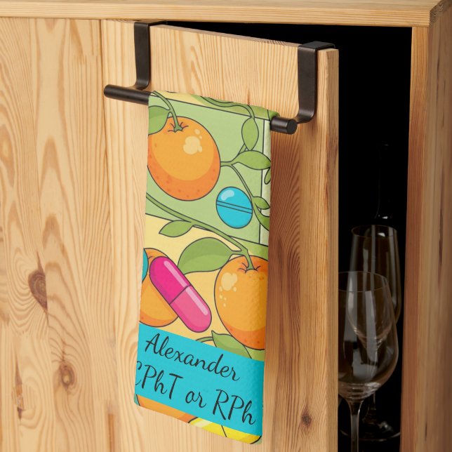 Personalised Oranges Blue Pink Pill Pharmacy Tea Towel (Thirds Fold)