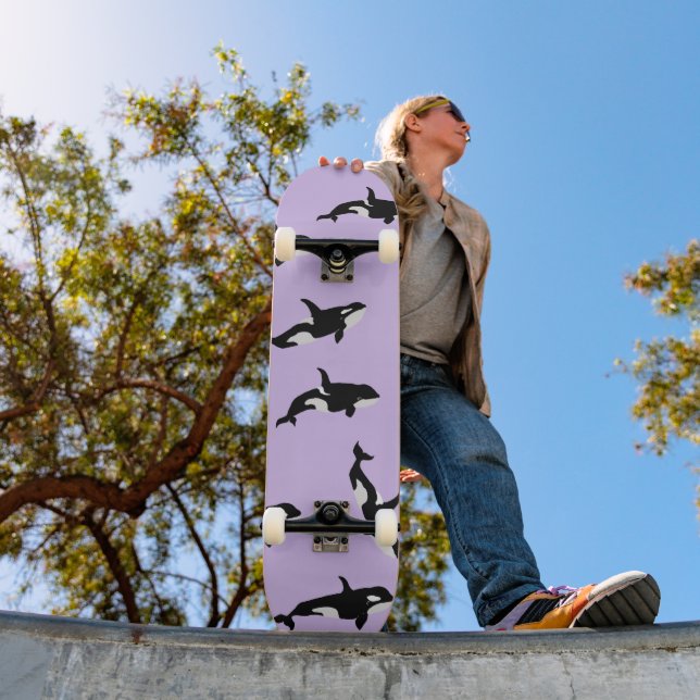 Personalised Orca Whale Pod Pattern Pastel Lilac Skateboard (Outdoor 1)