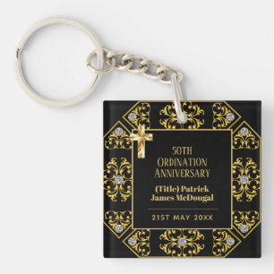 Personalised Ordination Anniversary Black Gold Key Ring