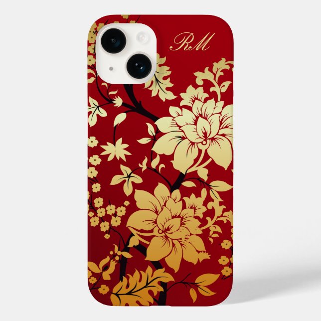 Personalised Oriental Golden Flowers on Red Case-Mate iPhone Case (Back)
