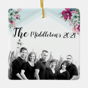 Personalised Ornament Tropical Flowers on Blue Omb