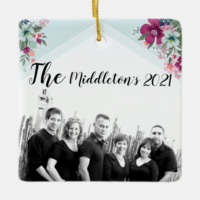 Personalised Ornament Tropical Flowers on Blue Omb (Front)