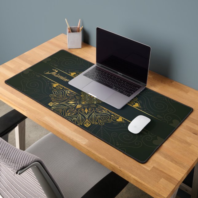 Personalised Ornate Green Gold Mandala Desk Mat (Office 2)