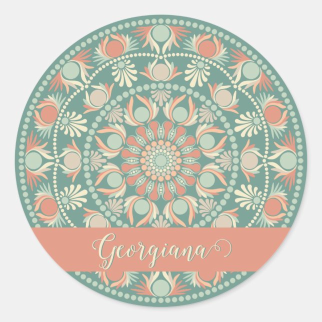 Personalised Ornate Retro Sage and Sand Mandala Classic Round Sticker (Front)