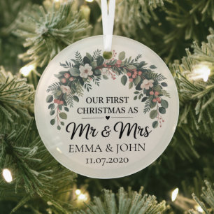 Personalised Our First Christmas As Mr & Mrs 2025 Glass Tree Decoration