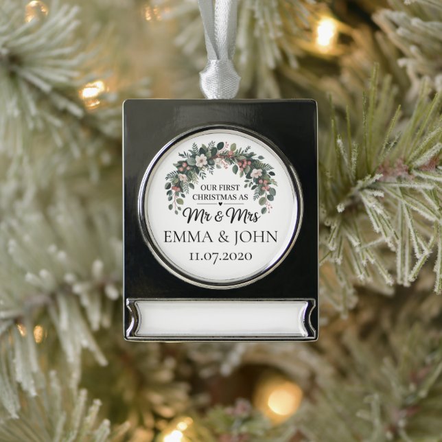 Personalised Our First Christmas As Mr & Mrs 2025 Silver Plated Banner Ornament (Tree)
