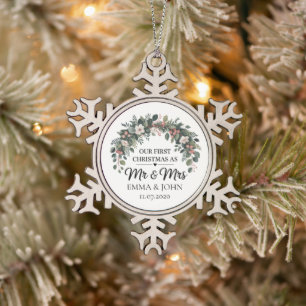 Personalised Our First Christmas As Mr & Mrs 2025 Snowflake Pewter Christmas Ornament