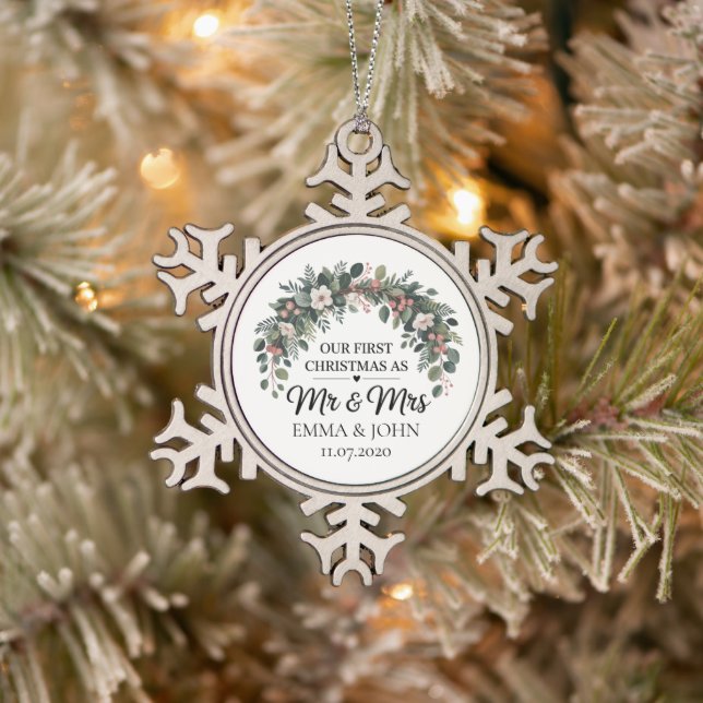 Personalised Our First Christmas As Mr & Mrs 2025 Snowflake Pewter Christmas Ornament (Tree)