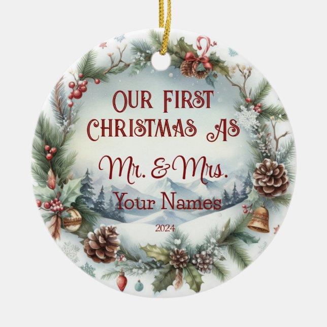 Personalised Our first Christmas As Mr. & Mrs. Ceramic Tree Decoration (Front)