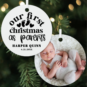 Personalised Our First Christmas As Parents Photo Metal Tree Decoration