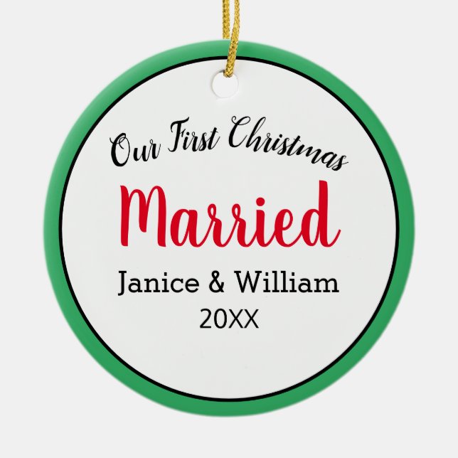Personalised Our First Christmas Married Ceramic Tree Decoration (Front)