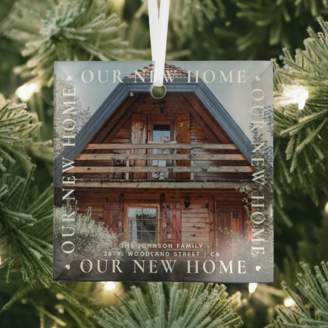 Personalised 'Our New Home' Modern Photo Glass Tree Decoration (Insitu)