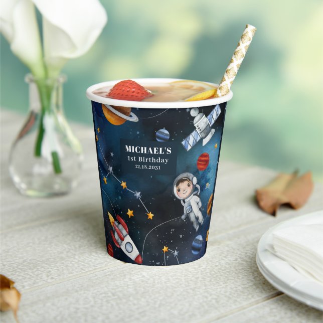 Personalised Outer Space Illustration 1st Birthday Paper Cups (Insitu)