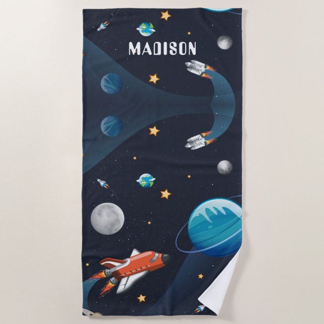 Personalised Outer Space Shuttle Rocket Pattern Beach Towel (Front)