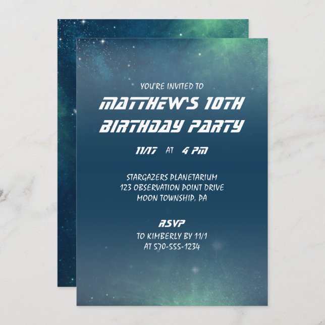 Personalised Outer Space Sky Blue and Green Party Invitation (Front/Back)