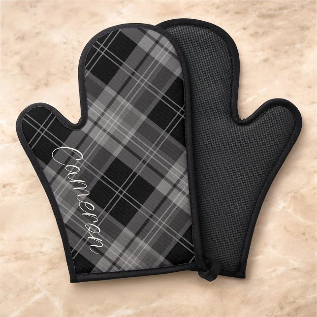 Personalised Oven Mitt Silicone Canvas Black Plaid (MISOOK Black Grey Plaid Oven Mitt with Name)