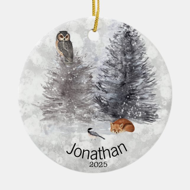 Personalised Owl Bird Fox Winter Cabin    Ceramic Tree Decoration (Front)