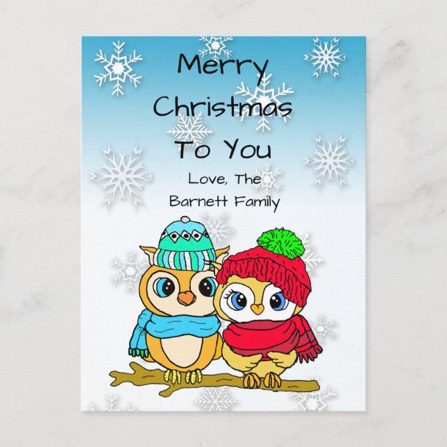 Personalised Owl Couple on Tree Branch Christmas Postcard (Front)