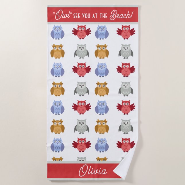 Personalised Owl See You at the Beach Name Towel (Front)