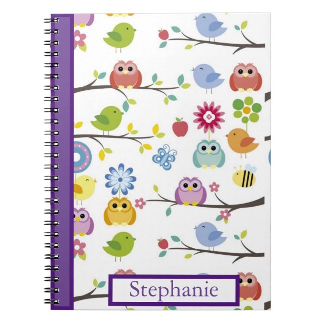 Personalised Owls Cute Simple Modern Name Notebook (Front)