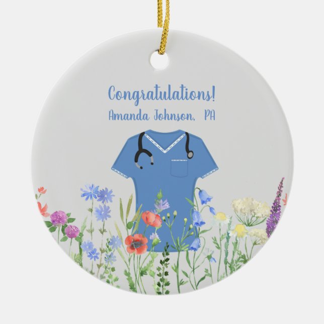 Personalised PA Physician Assistant Blue Scrubs Ceramic Tree Decoration (Front)