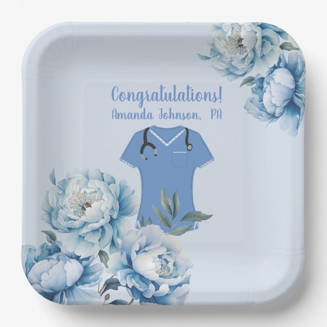 Personalised PA Physician Assistant Blue Scrubs Paper Plate (Front)