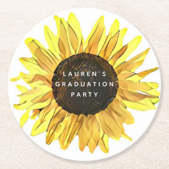 Personalised Painted Sunflower Graduation Party Round Paper Coaster (Front)