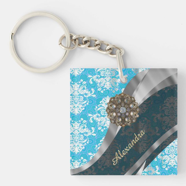 Personalised pale blue pretty girly damask pattern key ring (Front)