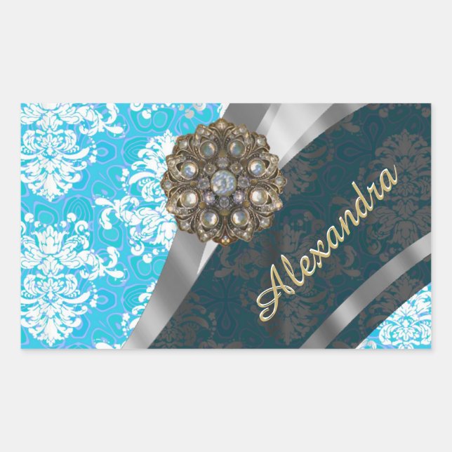 Personalised pale blue pretty girly damask pattern rectangular sticker (Front)