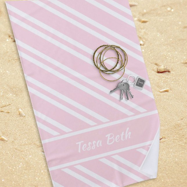 Personalised Pale Pink and White Stripes Beach Towel (Pale pink and White Striped Beach Towel to personalize for your next vacation!)