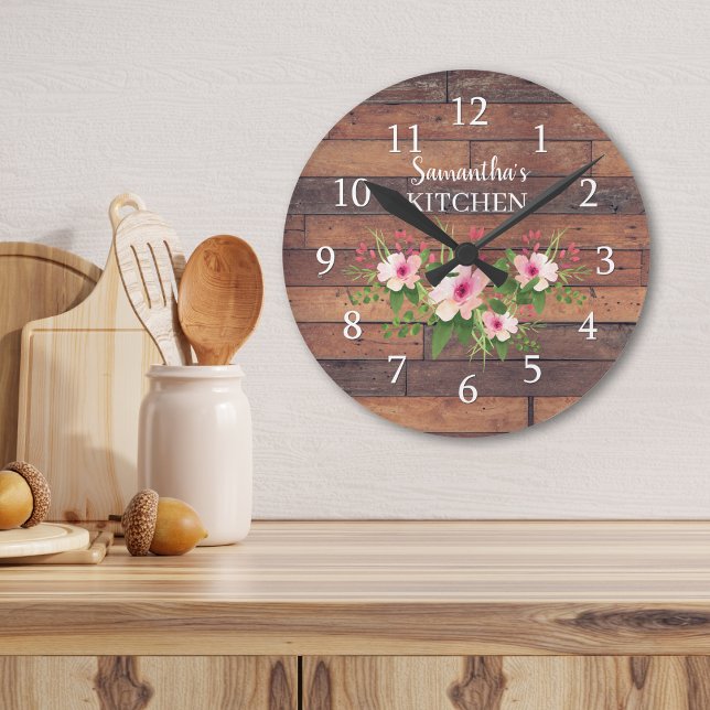 Personalised Pallet Wood And Pink Floral Kitchen Round Clock (Personalized Pallet Wood And Pink Floral Kitchen Round Clock)