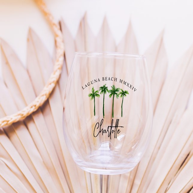 Personalised Palm Tree Bachelorette Party Stemless Wine Glass (Creator Uploaded)